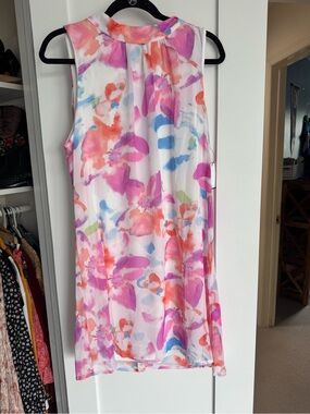 DKNY White Floral Watercolor Shift Dress with Pink and Coral Accents